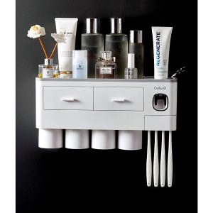 Hộp đựng bàn chải kem đánh răng nhà tắm tặng kèm 4 cốc-Kệ để đồ vệ sinh răng miệng dán tường