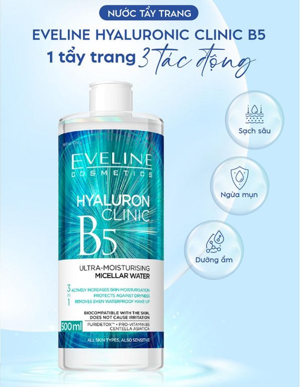 Nước Tẩy Trang Eveline Hyaluronic Clinic B5 Dưỡng Ẩm Da 500ml